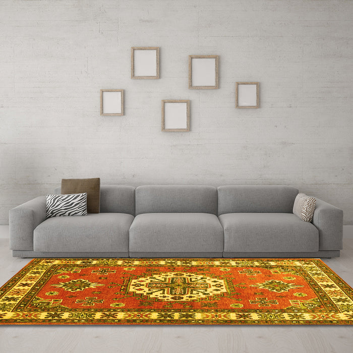 Machine Washable Medallion Yellow Traditional Rug in a Living Room, wshtr498yw