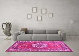 Machine Washable Medallion Pink Traditional Rug in a Living Room, wshtr498pnk