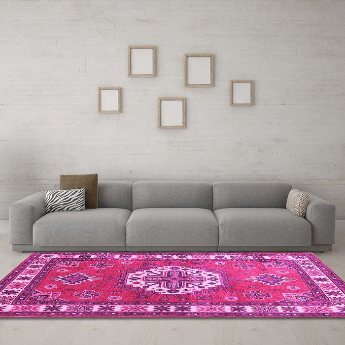 Machine Washable Medallion Pink Traditional Rug in a Living Room, wshtr498pnk