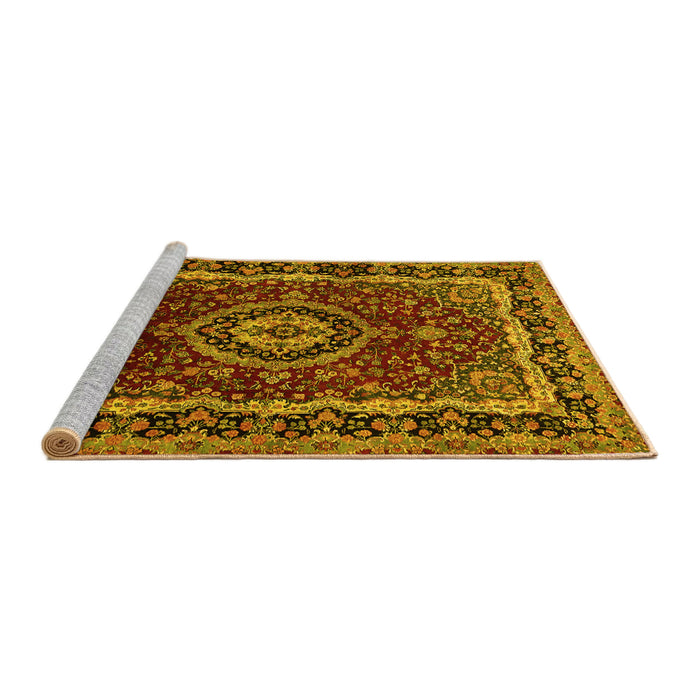 Sideview of Machine Washable Medallion Yellow Traditional Rug, wshtr499yw
