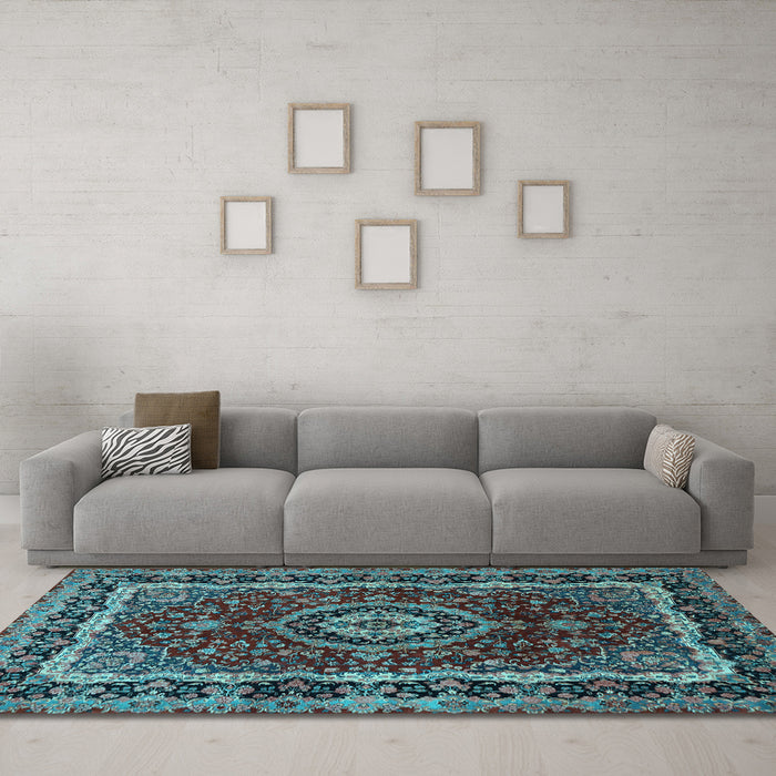 Machine Washable Medallion Light Blue Traditional Rug in a Living Room, wshtr499lblu