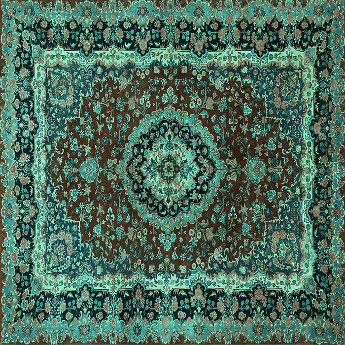 Square Machine Washable Medallion Turquoise Traditional Area Rugs, wshtr499turq