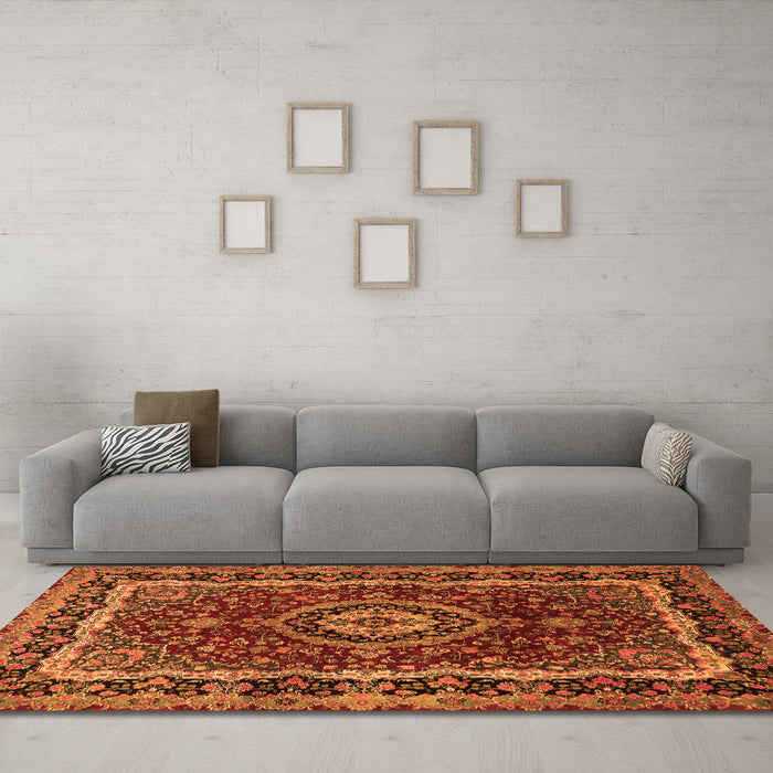 Machine Washable Medallion Orange Traditional Area Rugs in a Living Room, wshtr499org