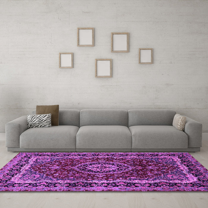Machine Washable Medallion Purple Traditional Area Rugs in a Living Room, wshtr499pur