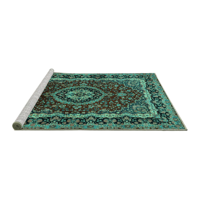 Sideview of Machine Washable Medallion Turquoise Traditional Area Rugs, wshtr499turq