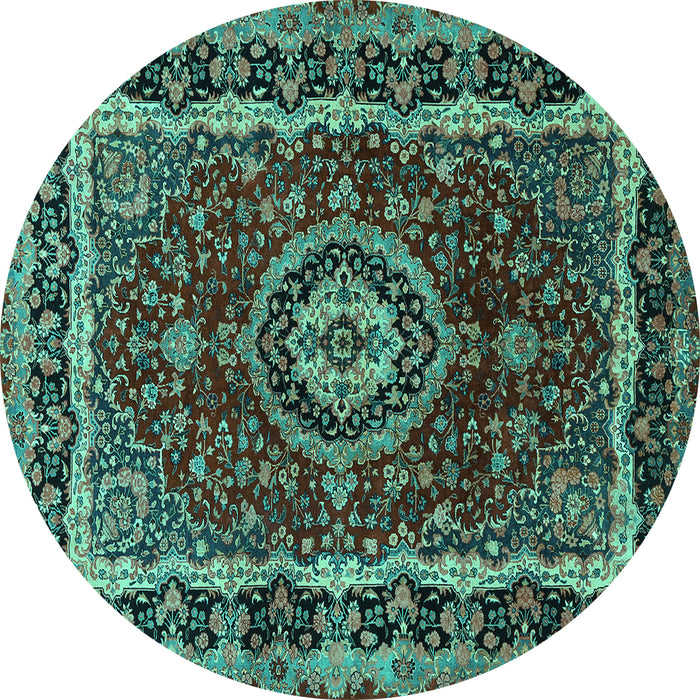 Round Machine Washable Medallion Turquoise Traditional Area Rugs, wshtr499turq
