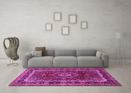 Machine Washable Medallion Pink Traditional Rug in a Living Room, wshtr499pnk