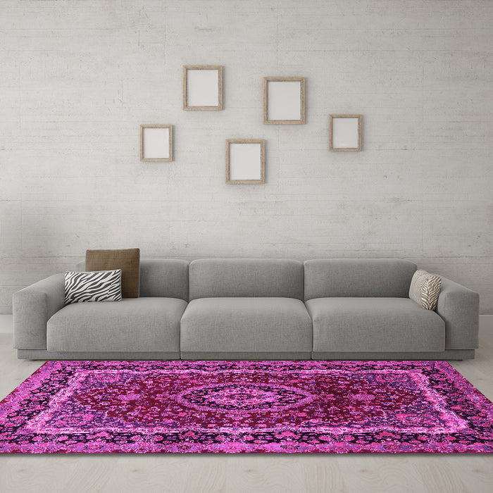 Machine Washable Medallion Pink Traditional Rug in a Living Room, wshtr499pnk