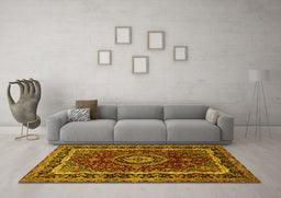 Machine Washable Medallion Yellow Traditional Rug in a Living Room, wshtr499yw