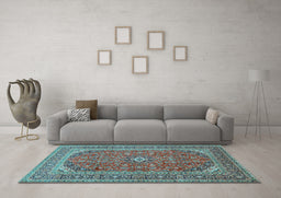 Machine Washable Medallion Light Blue Traditional Rug in a Living Room, wshtr49lblu