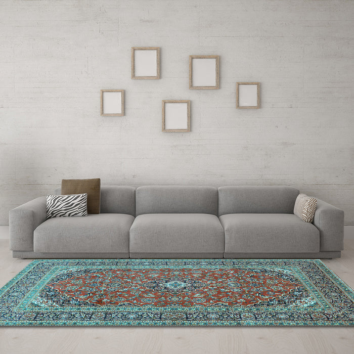 Machine Washable Medallion Light Blue Traditional Rug in a Living Room, wshtr49lblu