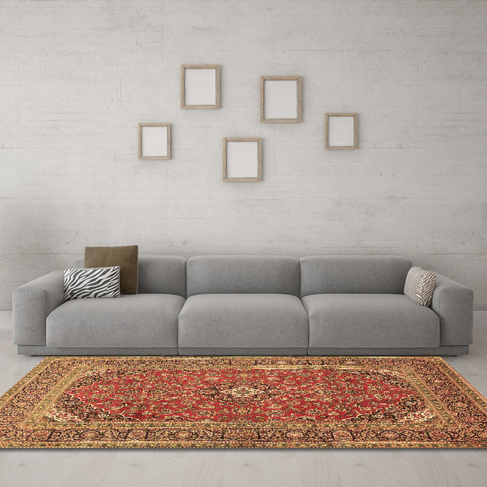 Machine Washable Medallion Brown Traditional Rug in a Living Room,, wshtr49brn