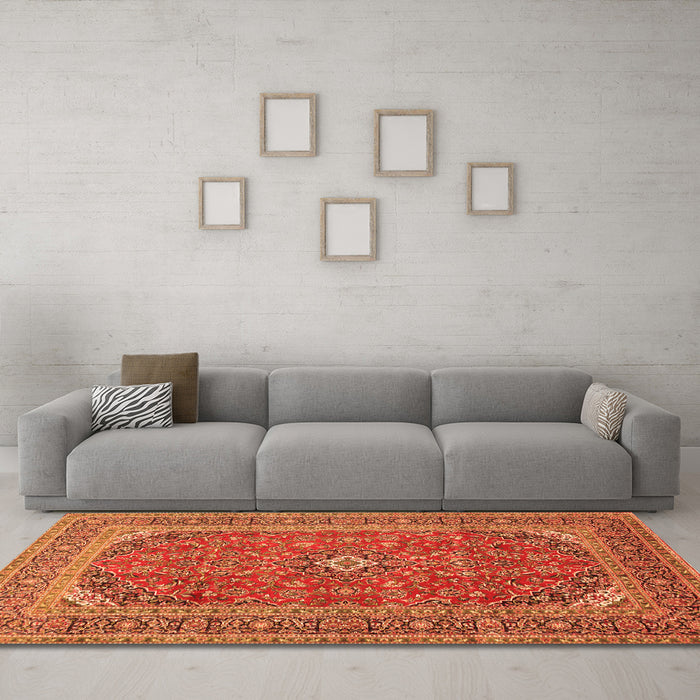 Machine Washable Medallion Orange Traditional Area Rugs in a Living Room, wshtr49org