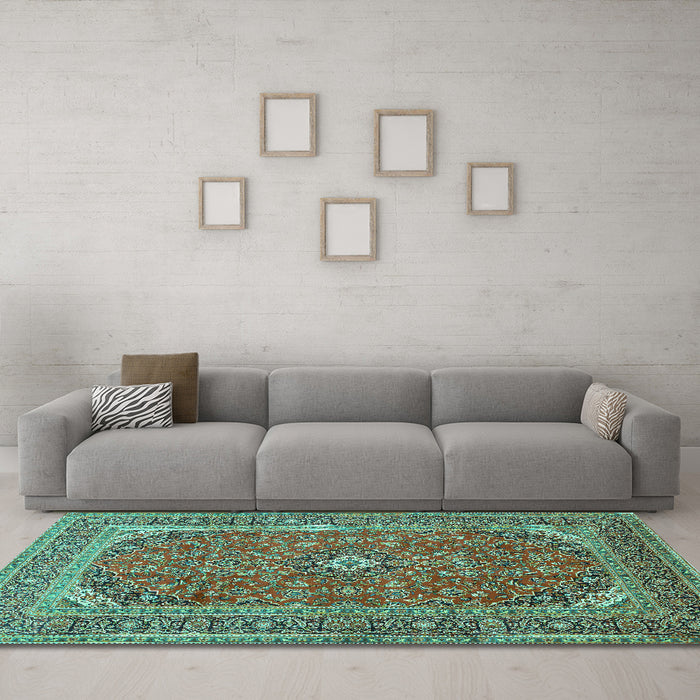 Machine Washable Medallion Turquoise Traditional Area Rugs in a Living Room,, wshtr49turq