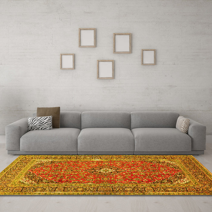 Machine Washable Medallion Yellow Traditional Rug in a Living Room, wshtr49yw