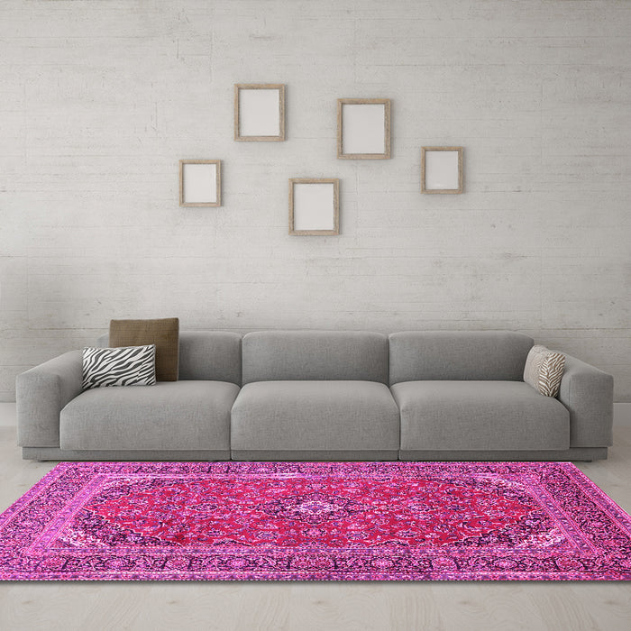 Machine Washable Medallion Pink Traditional Rug in a Living Room, wshtr49pnk