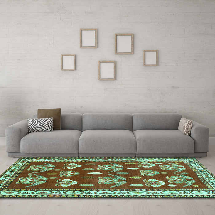 Machine Washable Animal Turquoise Traditional Area Rugs in a Living Room,, wshtr4turq