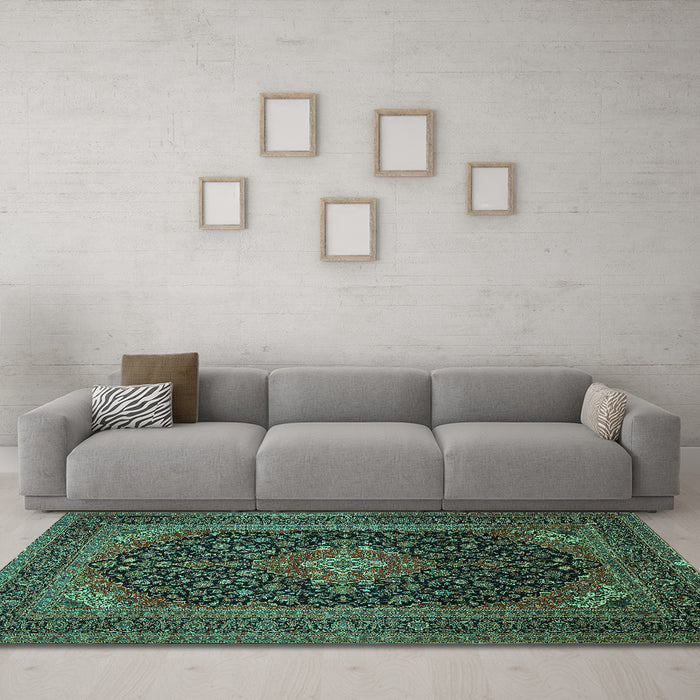 Machine Washable Medallion Turquoise Traditional Area Rugs in a Living Room,, wshtr500turq