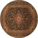 Round Machine Washable Medallion Brown Traditional Rug, wshtr500brn