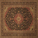 Square Machine Washable Medallion Brown Traditional Rug, wshtr500brn