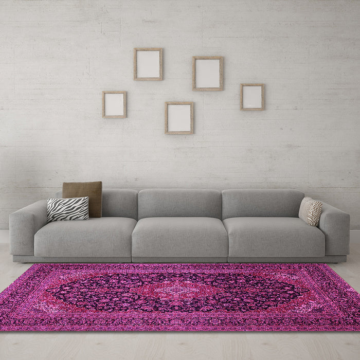Machine Washable Medallion Pink Traditional Rug in a Living Room, wshtr500pnk