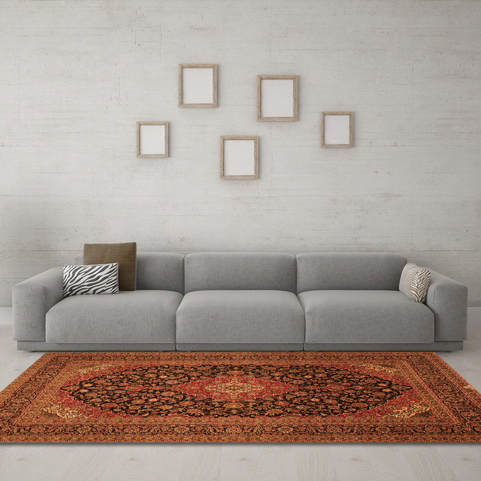 Machine Washable Medallion Orange Traditional Area Rugs in a Living Room, wshtr500org