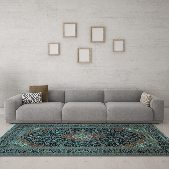 Machine Washable Medallion Light Blue Traditional Rug in a Living Room, wshtr500lblu