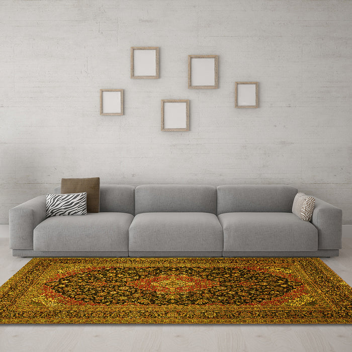 Machine Washable Medallion Yellow Traditional Rug in a Living Room, wshtr500yw