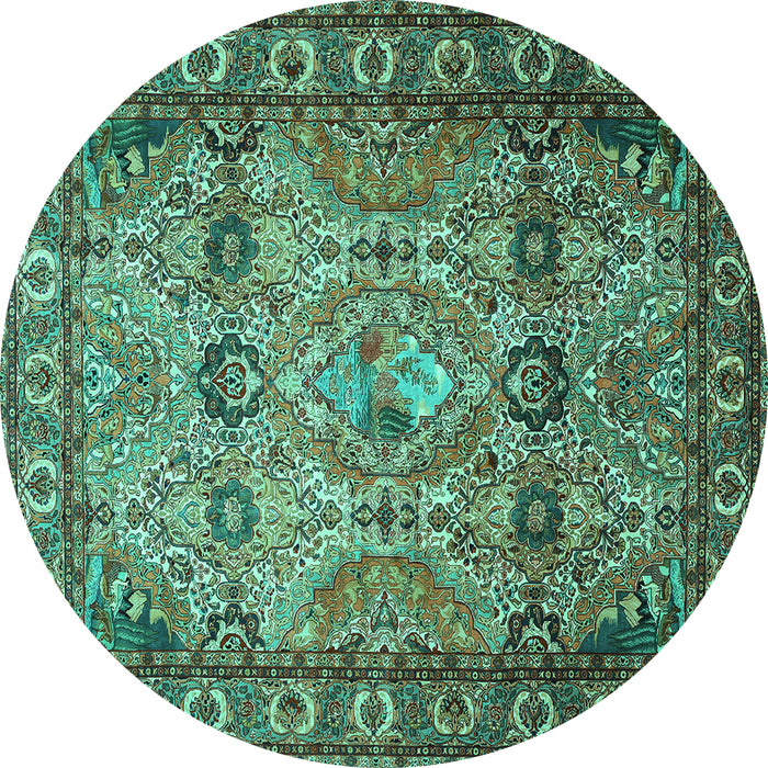 Round Machine Washable Persian Turquoise Traditional Area Rugs, wshtr501turq