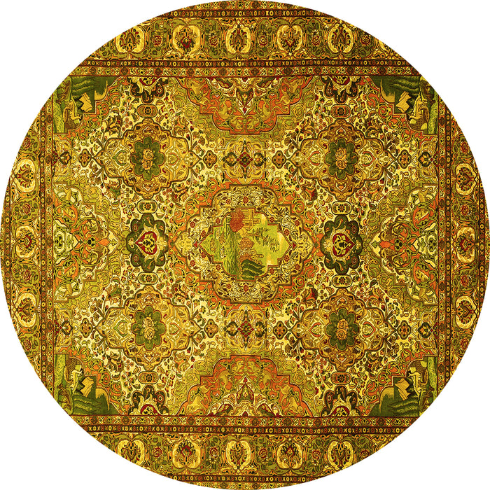 Round Machine Washable Persian Yellow Traditional Rug, wshtr501yw