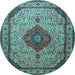 Round Machine Washable Medallion Light Blue Traditional Rug, wshtr502lblu