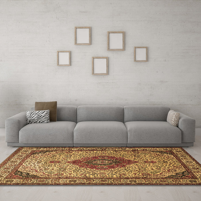 Machine Washable Medallion Brown Traditional Rug in a Living Room,, wshtr502brn