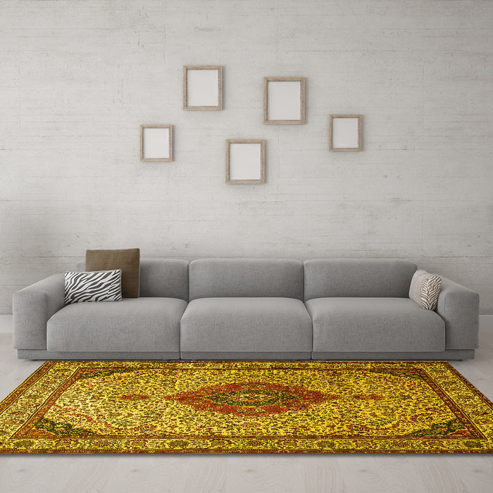 Machine Washable Medallion Yellow Traditional Rug in a Living Room, wshtr502yw
