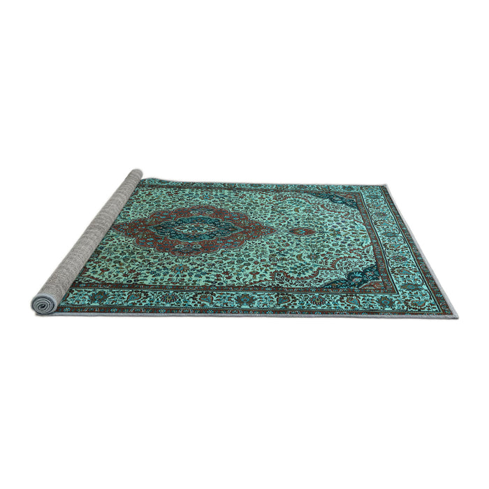Sideview of Machine Washable Medallion Light Blue Traditional Rug, wshtr502lblu