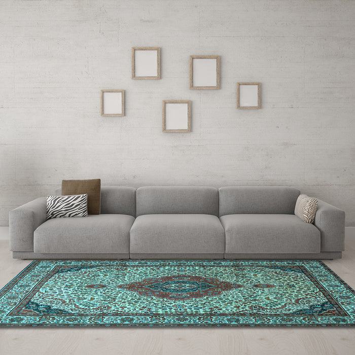 Machine Washable Medallion Light Blue Traditional Rug in a Living Room, wshtr502lblu