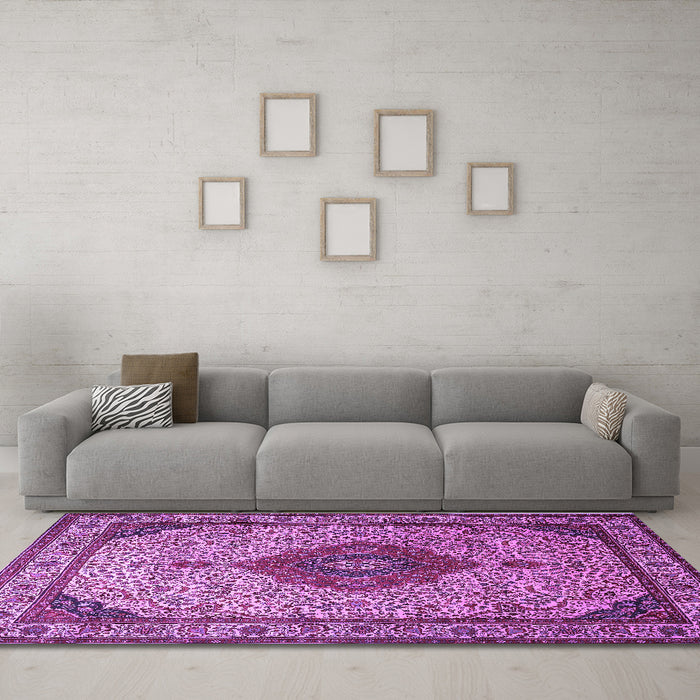 Machine Washable Medallion Purple Traditional Area Rugs in a Living Room, wshtr502pur