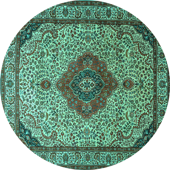 Round Machine Washable Medallion Turquoise Traditional Area Rugs, wshtr502turq