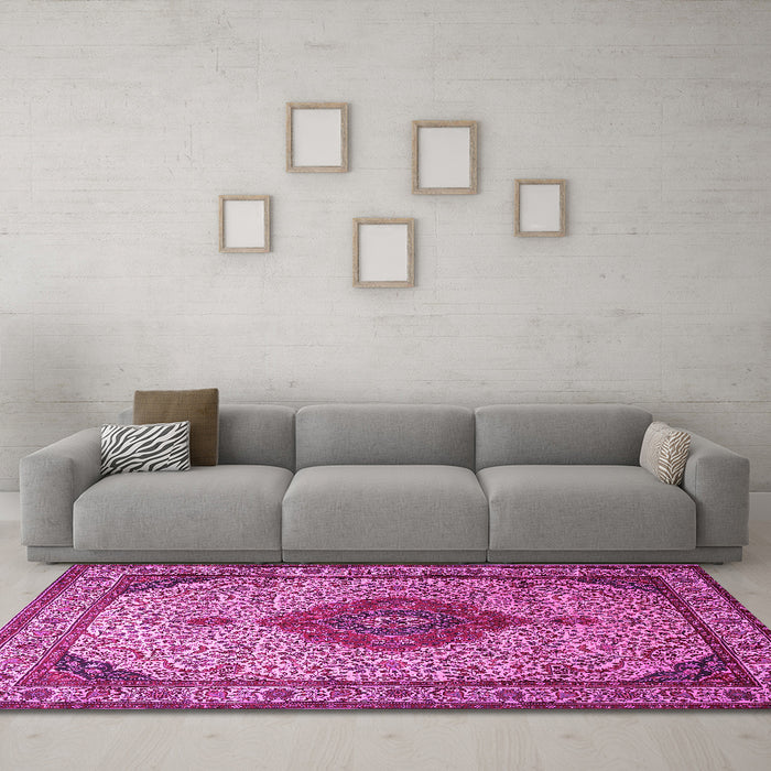 Machine Washable Medallion Pink Traditional Rug in a Living Room, wshtr502pnk