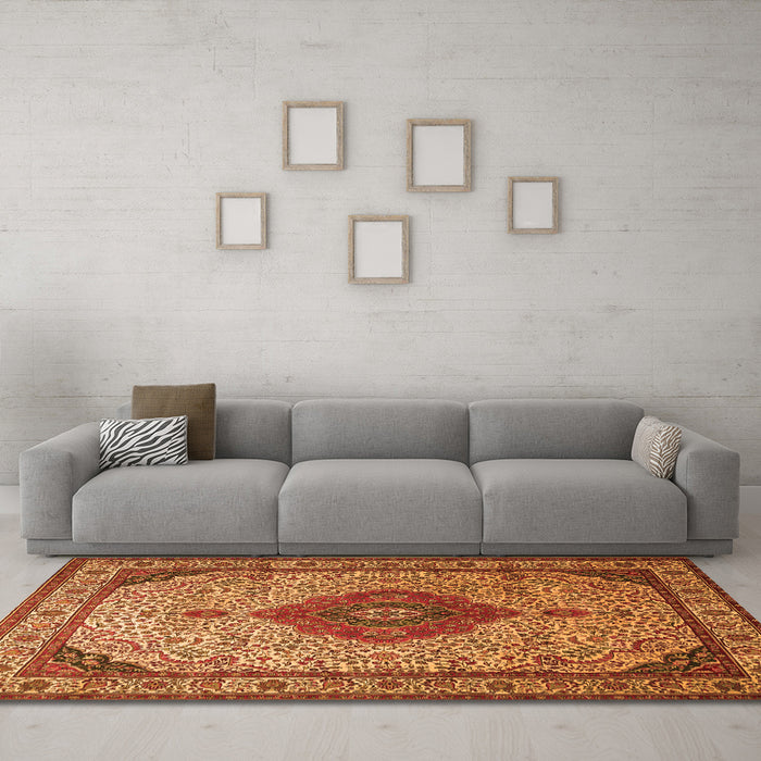 Machine Washable Medallion Orange Traditional Area Rugs in a Living Room, wshtr502org