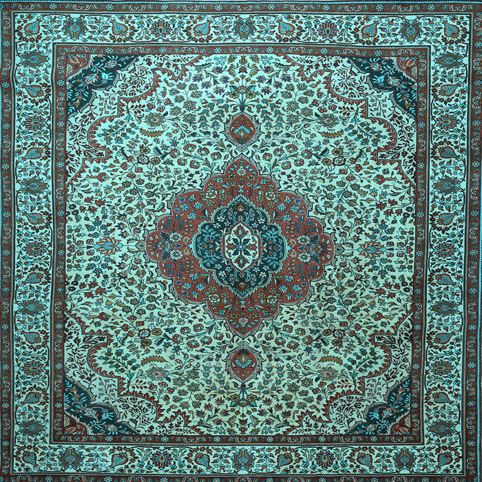 Square Machine Washable Medallion Light Blue Traditional Rug, wshtr502lblu