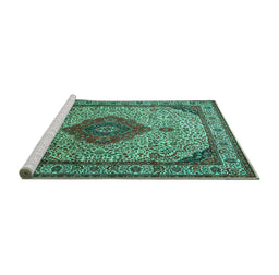 Sideview of Machine Washable Medallion Turquoise Traditional Area Rugs, wshtr502turq