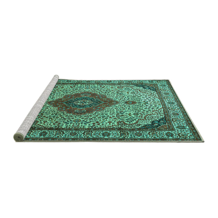 Sideview of Machine Washable Medallion Turquoise Traditional Area Rugs, wshtr502turq