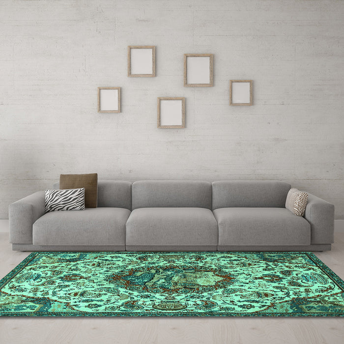 Machine Washable Animal Turquoise Traditional Area Rugs in a Living Room,, wshtr503turq