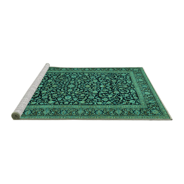 Sideview of Machine Washable Persian Turquoise Traditional Area Rugs, wshtr504turq