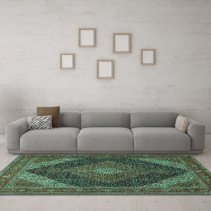 Machine Washable Medallion Turquoise Traditional Area Rugs in a Living Room,, wshtr506turq
