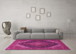 Machine Washable Medallion Pink Traditional Rug in a Living Room, wshtr506pnk