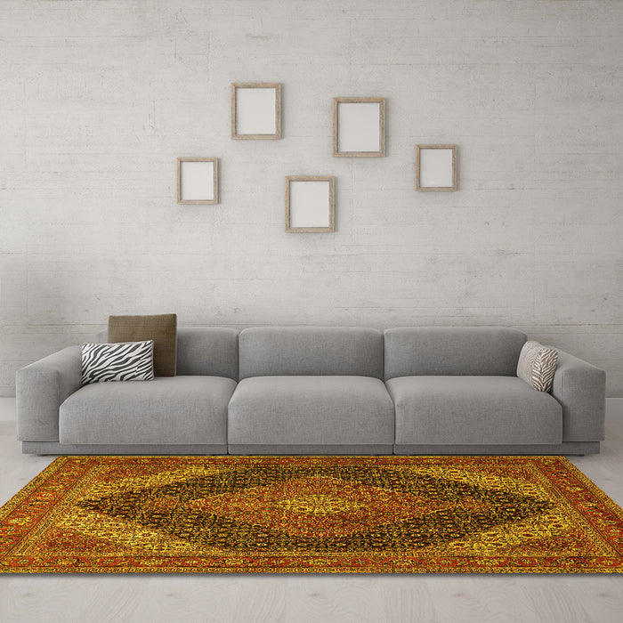 Machine Washable Medallion Yellow Traditional Rug in a Living Room, wshtr506yw