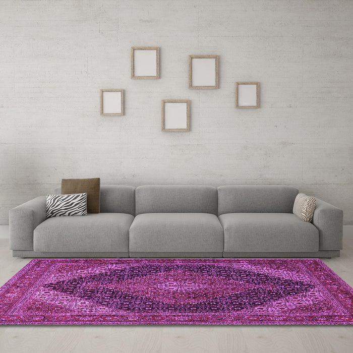 Machine Washable Medallion Purple Traditional Area Rugs in a Living Room, wshtr506pur