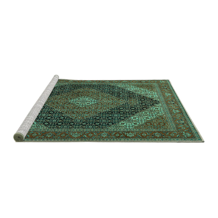 Sideview of Machine Washable Medallion Turquoise Traditional Area Rugs, wshtr506turq
