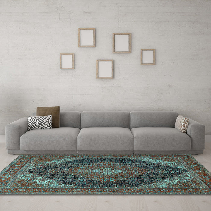 Machine Washable Medallion Light Blue Traditional Rug in a Living Room, wshtr506lblu